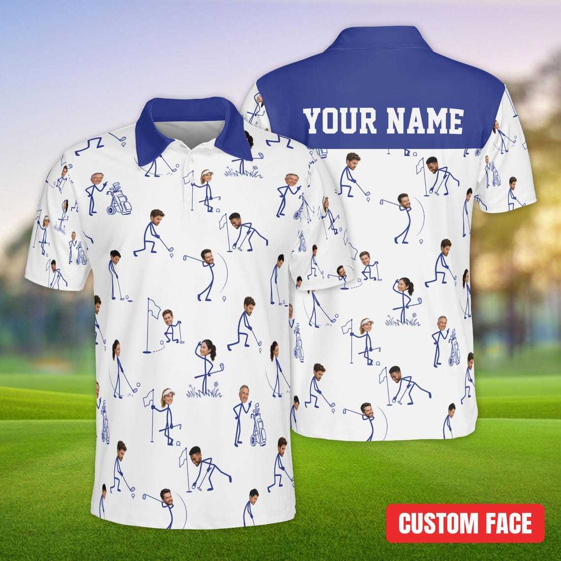 Custom Face Golf Polo Shirt, Personalized Photo Golf Shirt with Name, Funny Stick Figure Golfing Shirt, Unique Birthday Gift for Golfer - PhotoMoonLamp