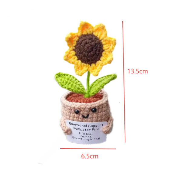 Handmade Crochet Sunflower Pot - Emotional Support "It's Fine" Desk Decor