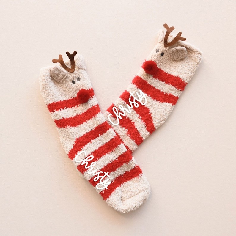 Personalized Reindeer Socks Cozy Fuzzy Christmas Socks Custom Holiday Socks Gift Ideas for Women Teens Friends Stocking Stuffers