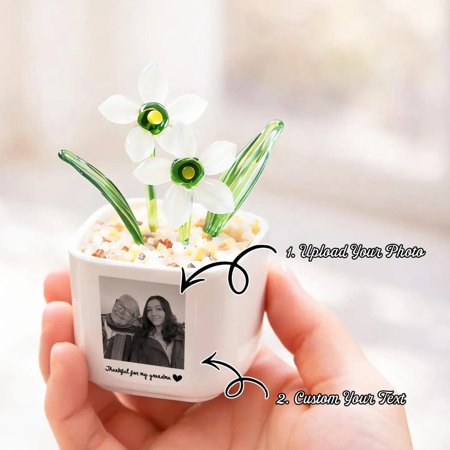 Personalized Mom Photo Glass Flower Pot, Gift for Mom, Mothers Day Gift, Hand Blown Potted Flower, Everlasting Tulips