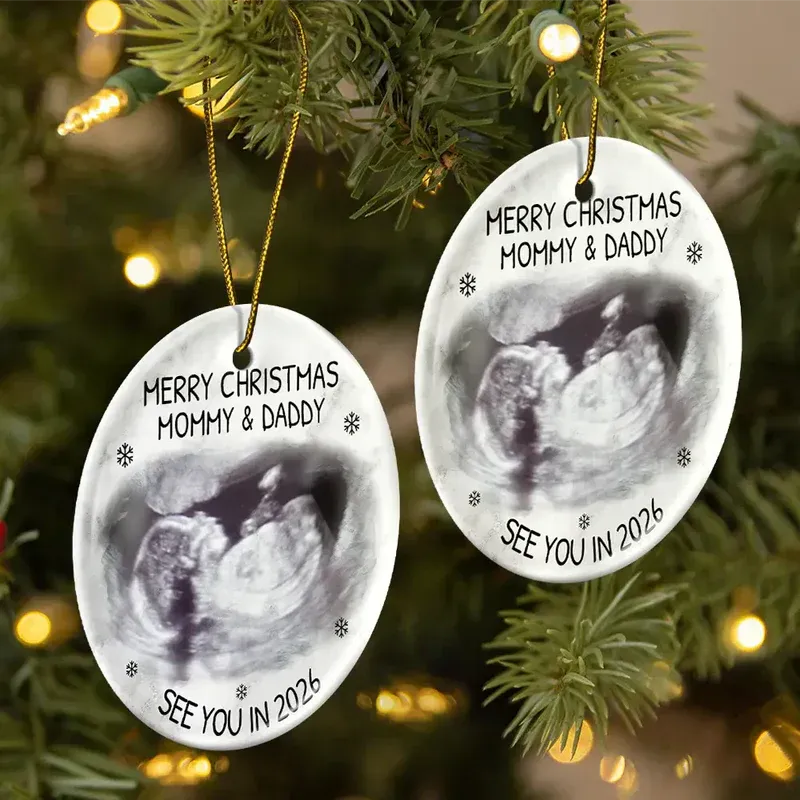 Christmas Ultrasound Ceramic Ornament for Mom and Dad, baby announcement keepsake for the tree, a heartfelt holiday gift.