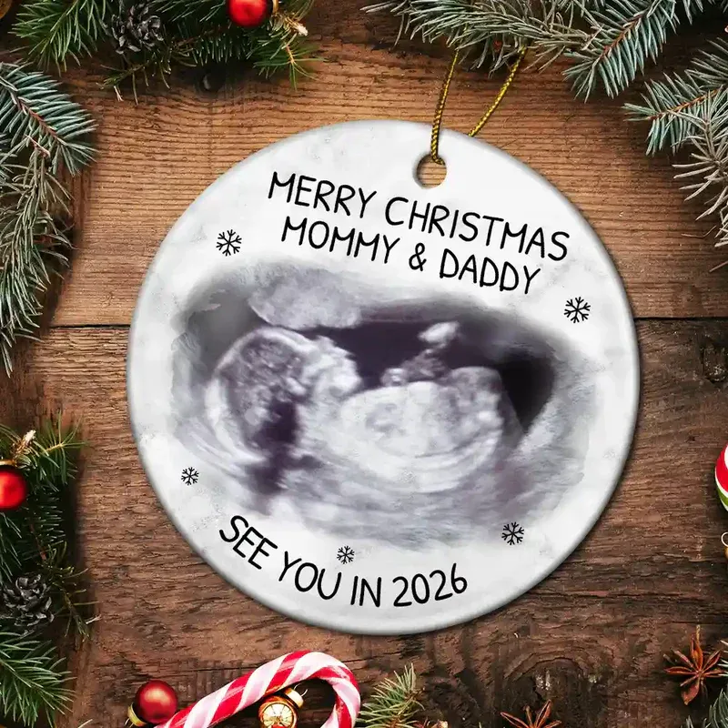 Christmas Ultrasound Ceramic Ornament for Mom and Dad, baby announcement keepsake for the tree, a heartfelt holiday gift.
