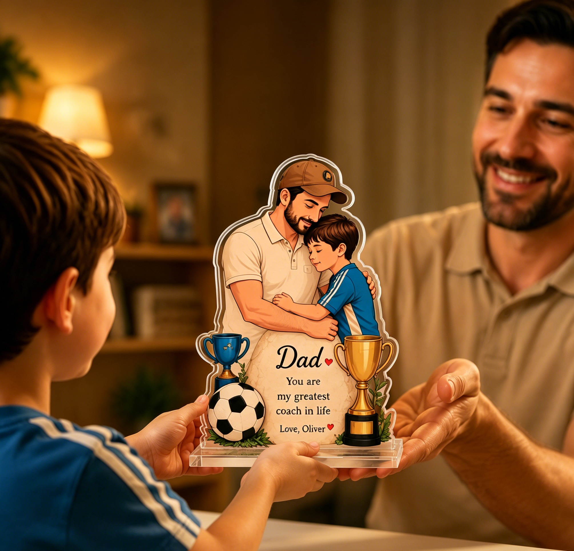 Personalized Soccer Dad Acrylic Plaque - Custom Name & Quote, "My Greatest Coach" Father Son Keepsake, Sports Dad Gift for Father’s Day, 2D Clear Acrylic Desk Decor