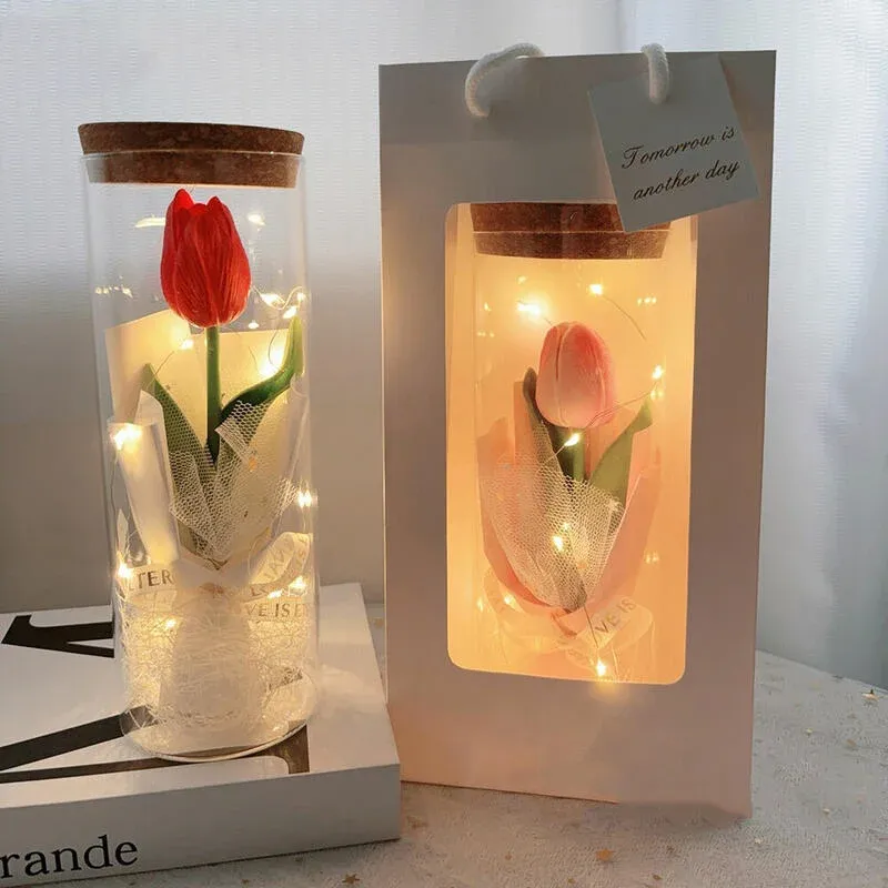 Tulip Glass Bottle Bouquet Night Light Romantic Mother's Day Gift