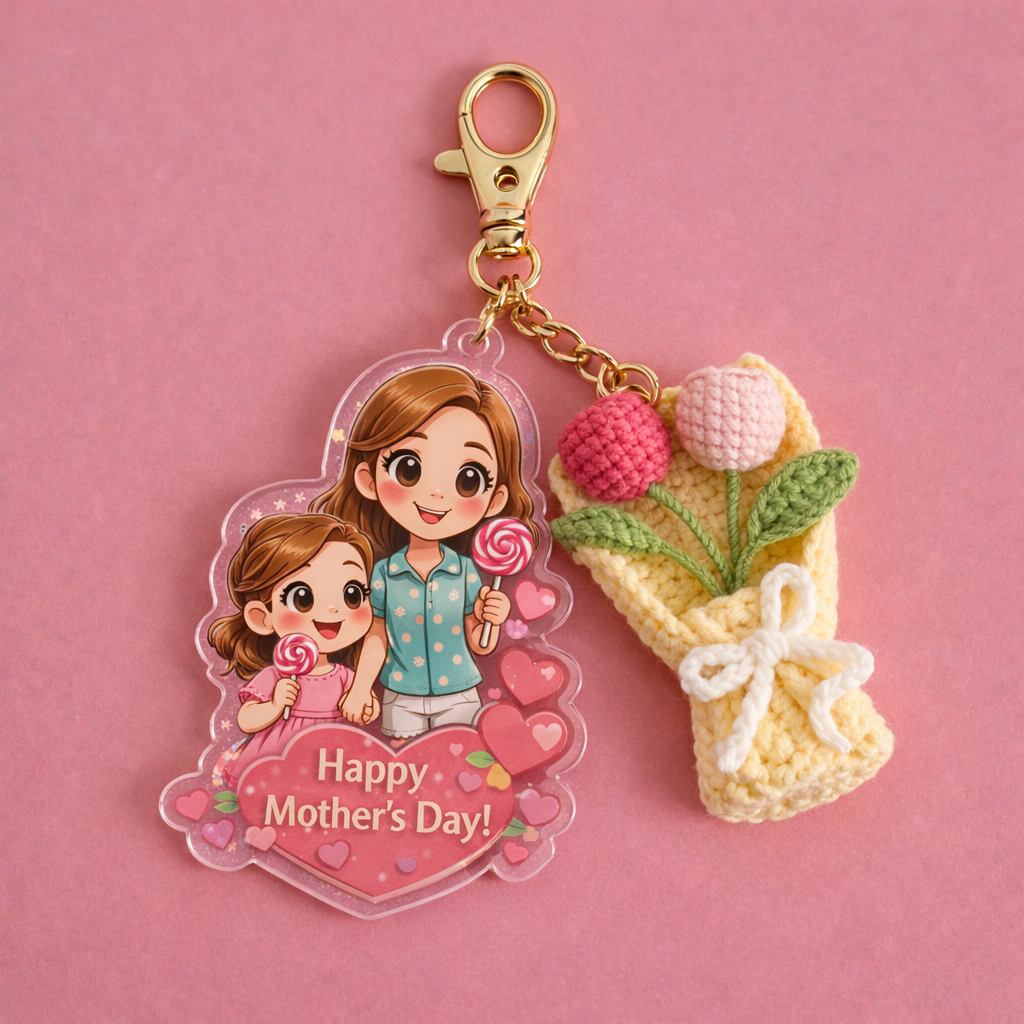Mother’s Day Keychain Gift | Cute Girl Acrylic Charm with Handmade Crochet Carnation Bouquet | Sweet & Thoughtful Gift