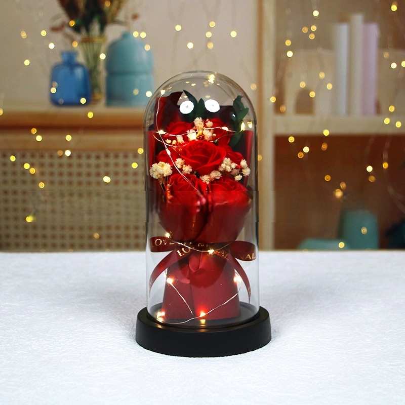 Preserved Rose Glass Dome - LED Light Couple Figurine Decor, Valentine's Day Gift
