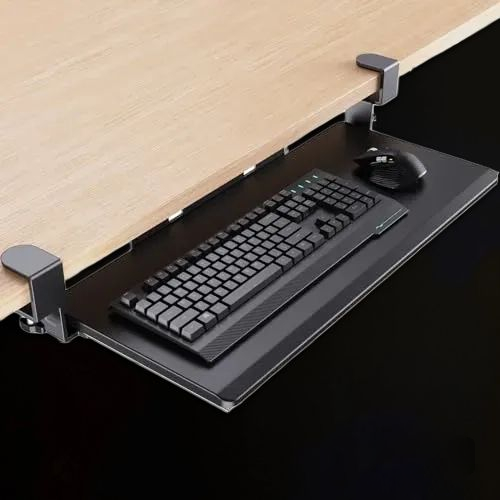 Under Desk Black Keyboard Tray with C-Clamp Mount for Typing