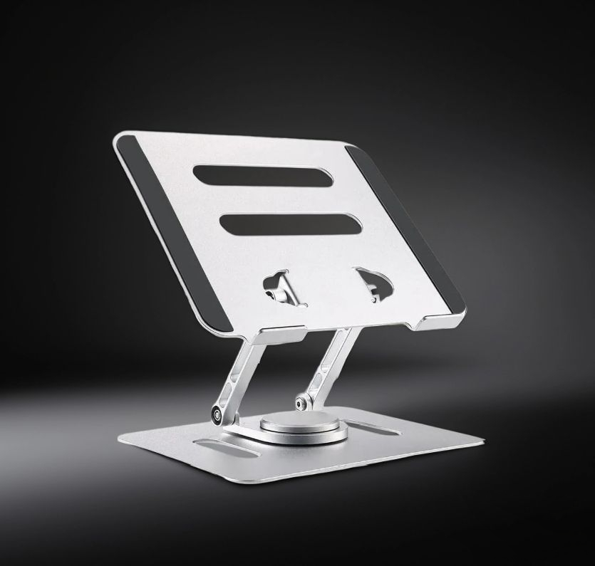 Silver Aluminum Portable Adjustable Monitor Stand with 360 Degree Swivel Base