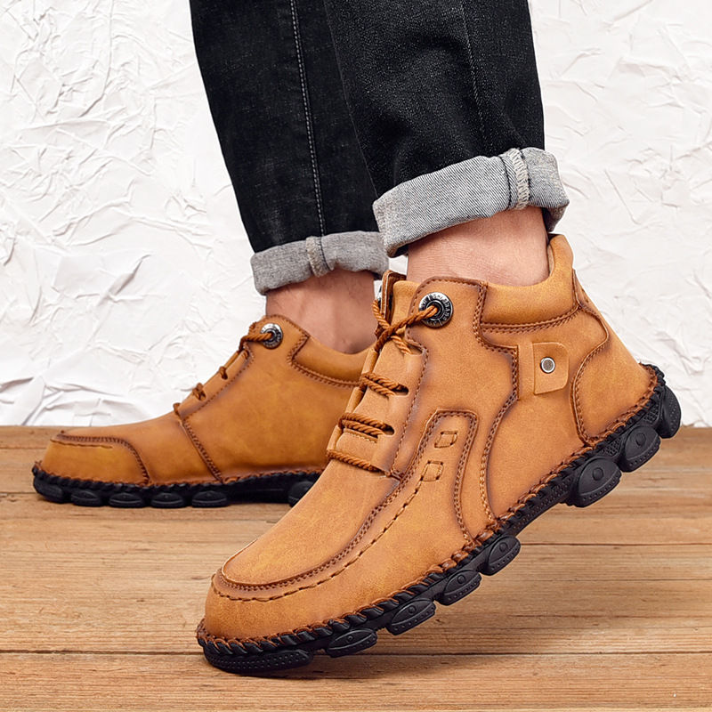Men's hand-stitched fleece lined non-slip soft sole leather booties-MENSZONES