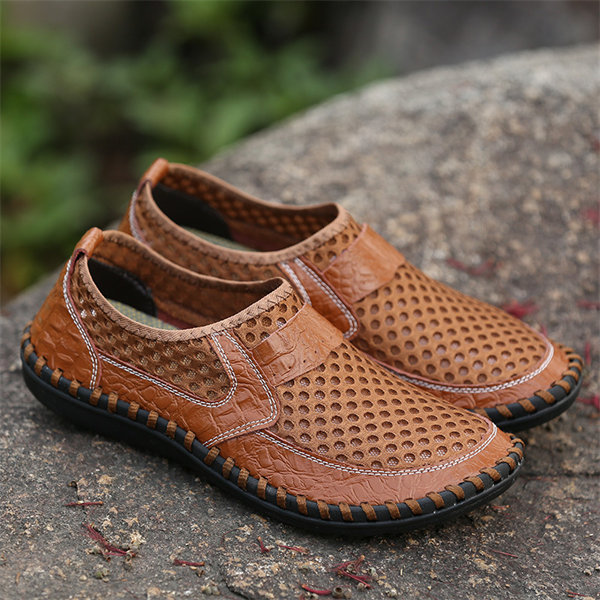 Mens Hand Stitching Breathable Honeycomb Slip-on Casual Shoes