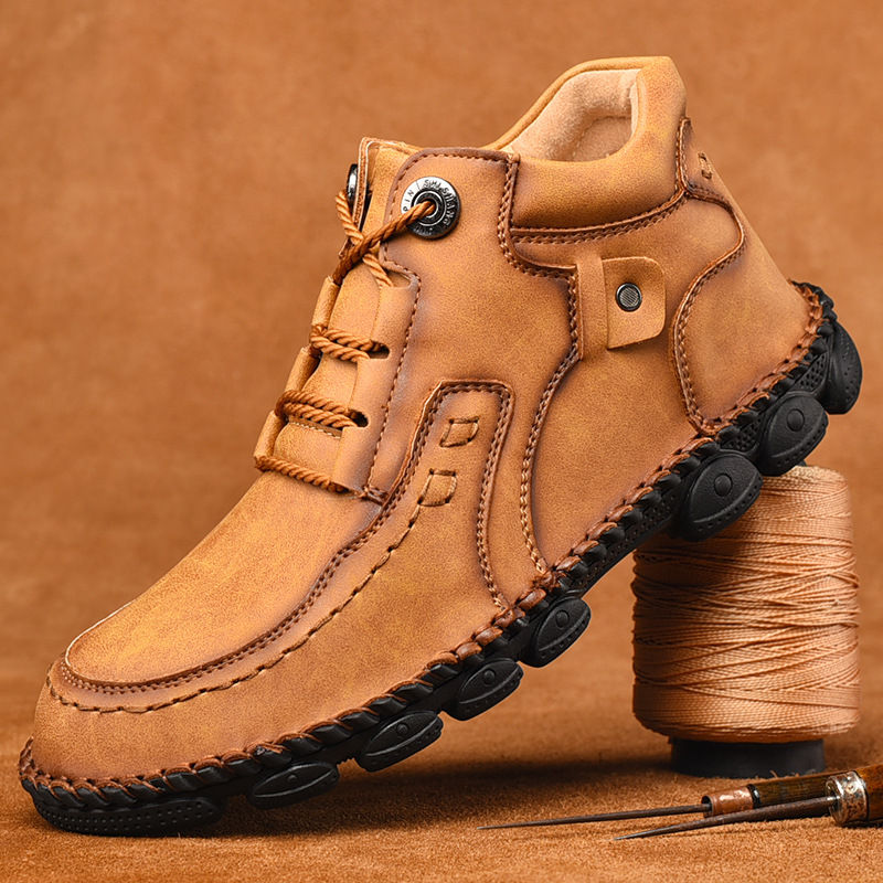 Men's hand-stitched fleece lined non-slip soft sole leather booties-MENSZONES