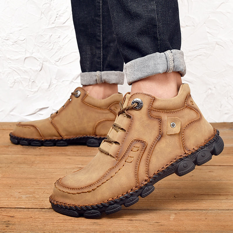 Men's hand-stitched fleece lined non-slip soft sole leather booties-MENSZONES