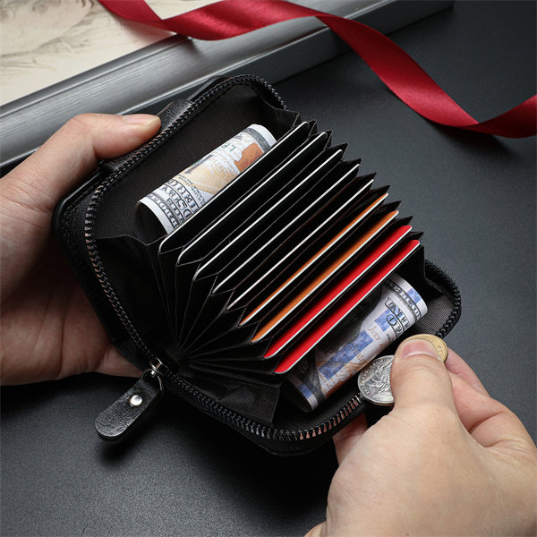 Genuine leather anti-theft zipper coin purse and card holder