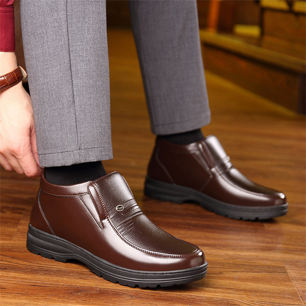 Men's leather soft sole wool lined casual loafers-MENSZONES