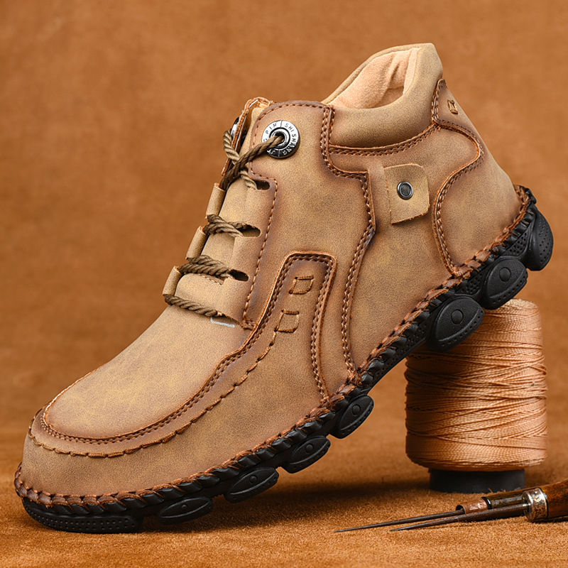 Men's hand-stitched fleece lined non-slip soft sole leather booties-MENSZONES