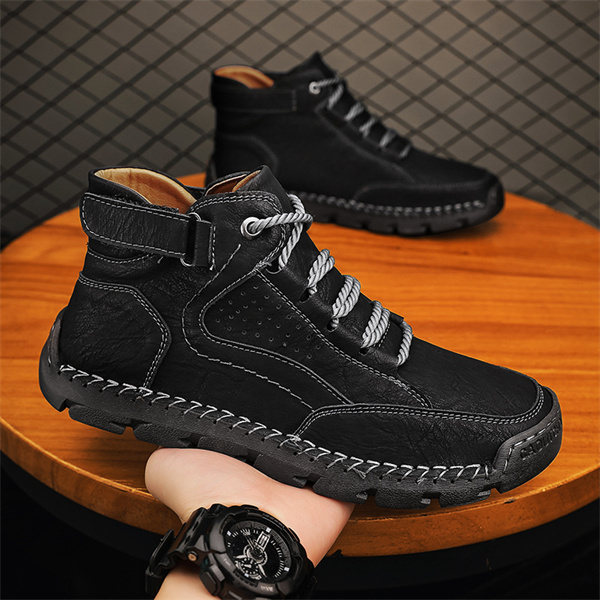 Handcrafted Leather High-Top Sneakers | Men's Casual Anti-Slip Shoes