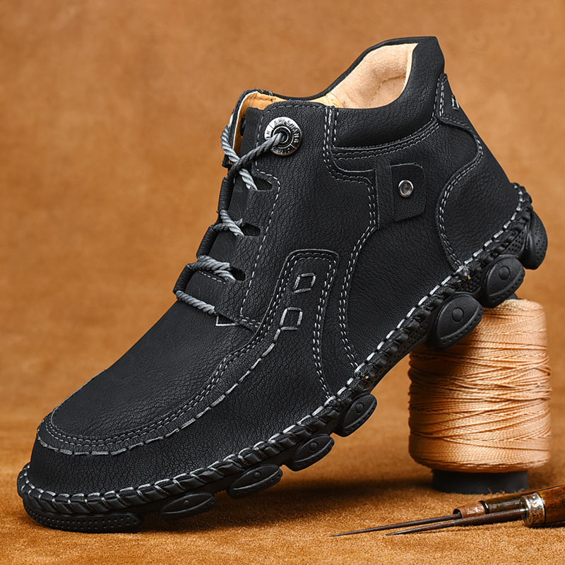 Men's hand-stitched fleece lined non-slip soft sole leather booties-MENSZONES