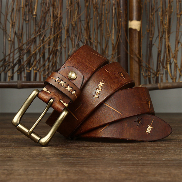 Handcrafted Full Grain Leather Belt: Vintage Style 1.5" Wide Thickened, Men's Belt