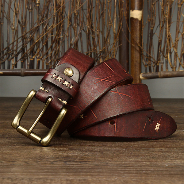 Handcrafted Full Grain Leather Belt: Vintage Style 1.5" Wide Thickened, Men's Belt