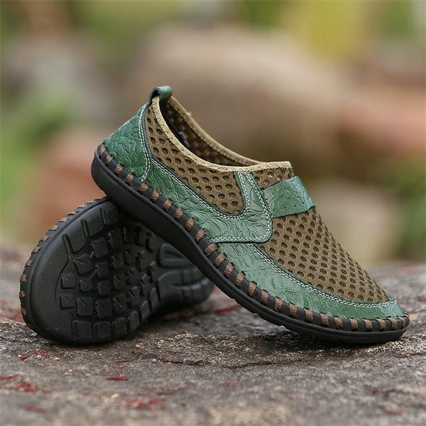 Mens Hand Stitching Breathable Honeycomb Slip-on Casual Shoes