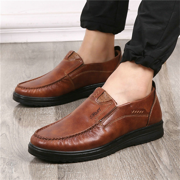 Mens Soft Insole Casual Comfortable Leather Slip On Loafers-MENSZONES