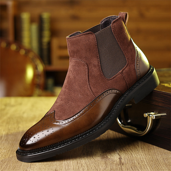 Premium Handcrafted Men's Brogue Chelsea Boots, Mixed Media Suede & Leather Formal Ankle Boots