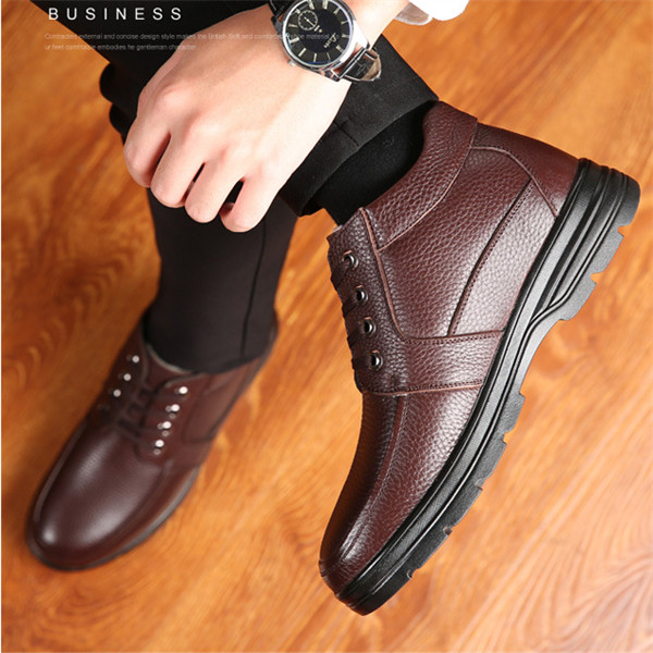Men's Handmade Genuine Leather Comfort Shoes Wool Lined Classic Snow Boots-MENSZONES