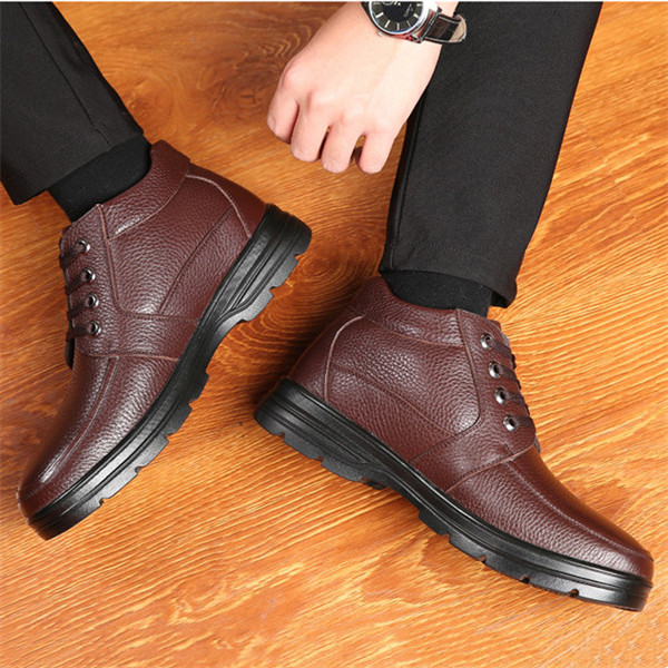 Men's Handmade Genuine Leather Comfort Shoes Wool Lined Classic Snow Boots-MENSZONES