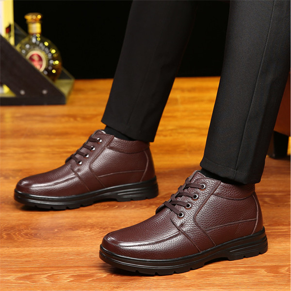 Men's Handmade Genuine Leather Comfort Shoes Wool Lined Classic Snow Boots-MENSZONES
