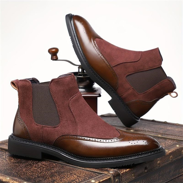 Premium Handcrafted Men's Brogue Chelsea Boots, Mixed Media Suede & Leather Formal Ankle Boots