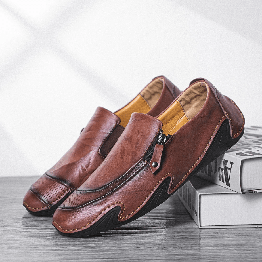 Mens Non Slip Comfy Soft Sole Casual Zipper Leather Loafers-MENSZONES