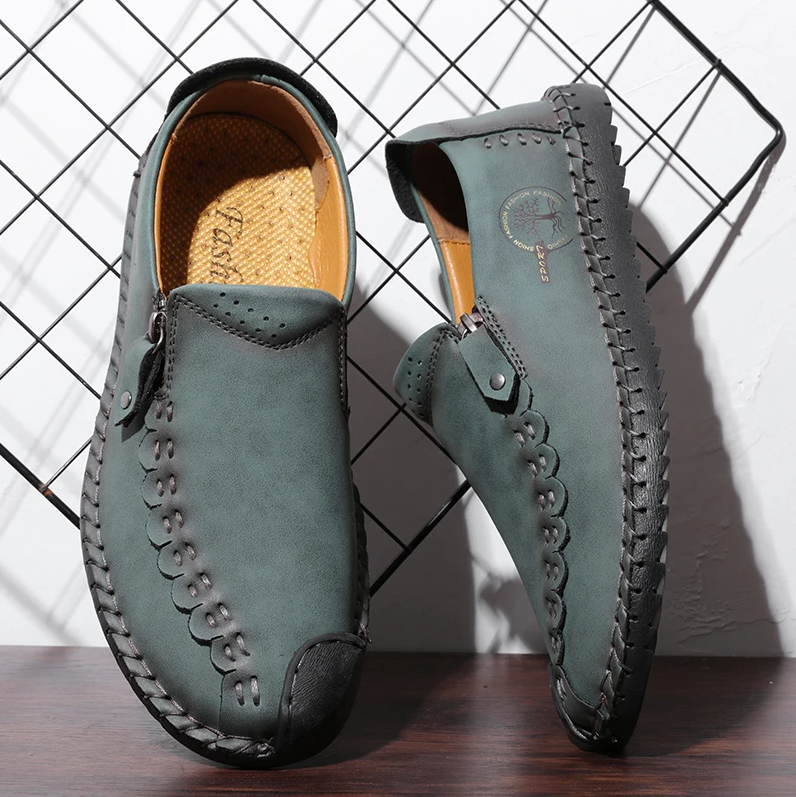 Men Hand Stitching Vintage Casual Comfy Soft Sole Zipper Slip On Leather Loafers-MENSZONES