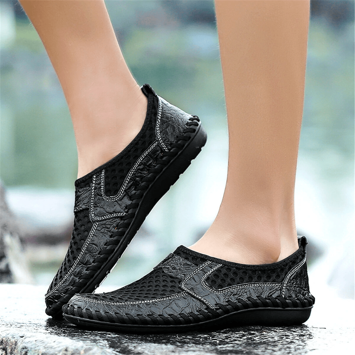 Mens Hand Stitching Breathable Honeycomb Slip-on Casual Shoes-MENSZONES