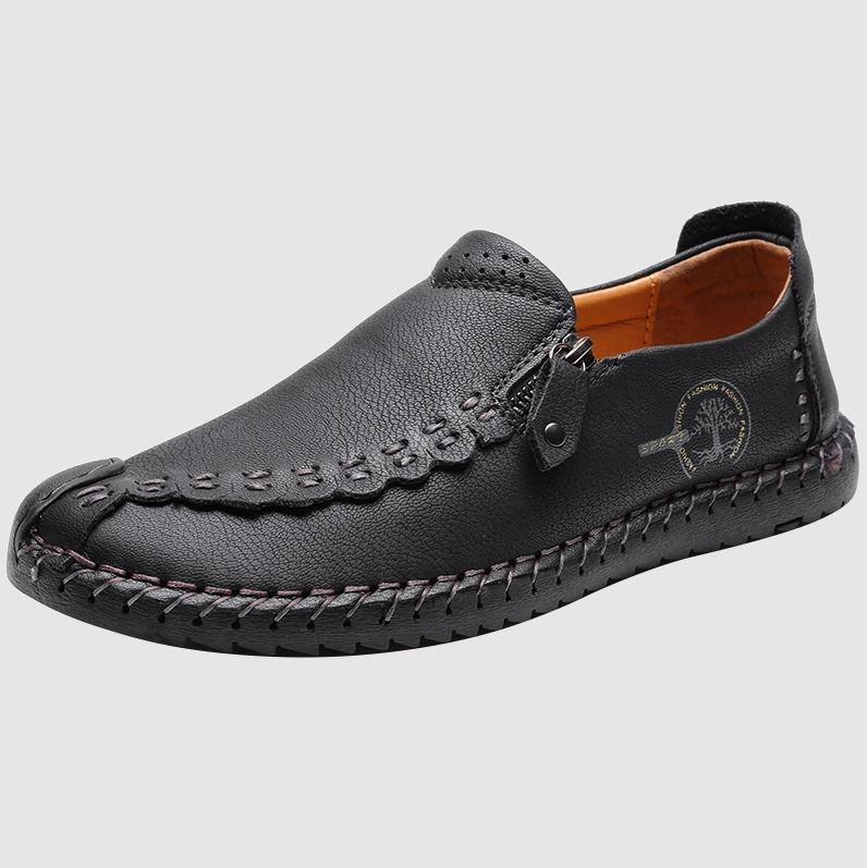 Men Hand Stitching Vintage Casual Comfy Soft Sole Zipper Slip On Leather Loafers-MENSZONES