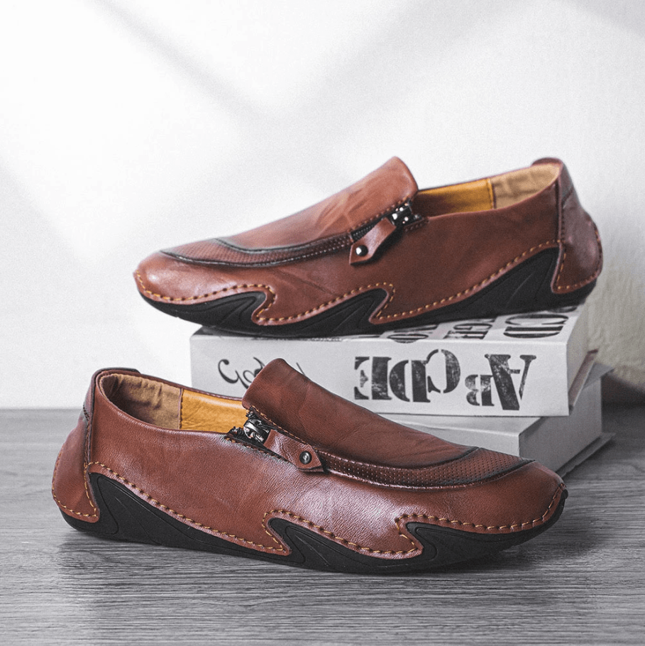 Mens Non Slip Comfy Soft Sole Casual Zipper Leather Loafers-MENSZONES