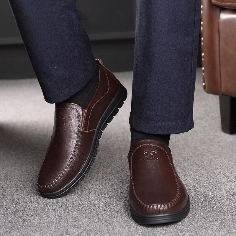 Mens Genuine Leather Soft Inslole Non Slip Casual Business Shoes-MENSZONES
