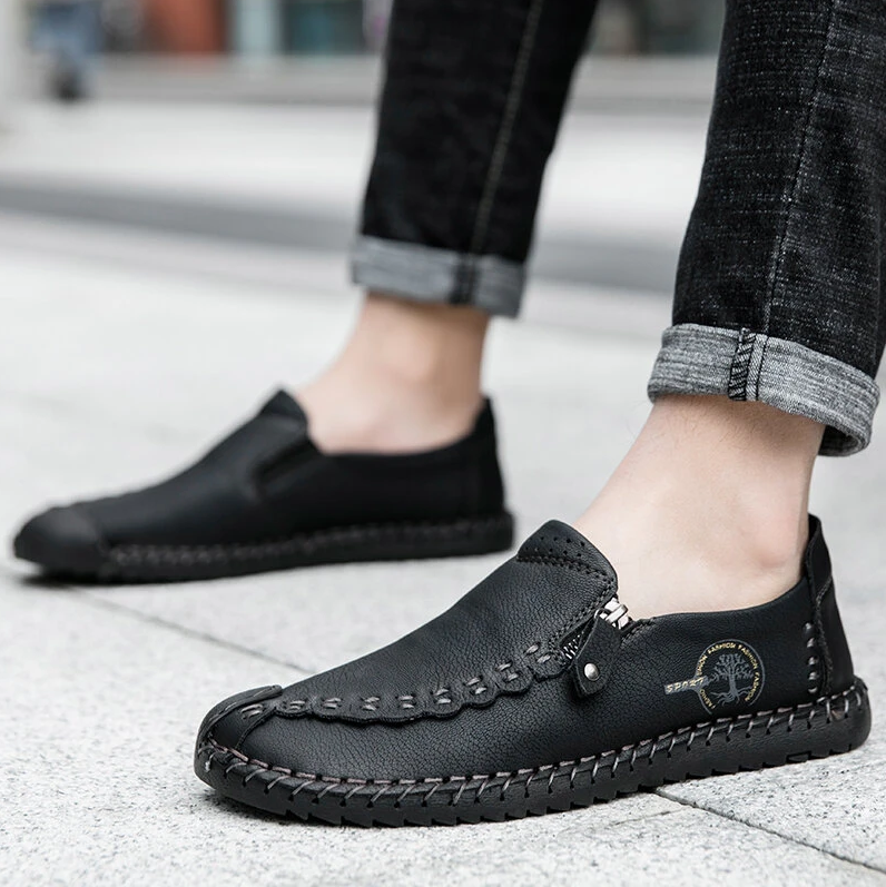 Men Hand Stitching Vintage Casual Comfy Soft Sole Zipper Slip On Leather Loafers-MENSZONES
