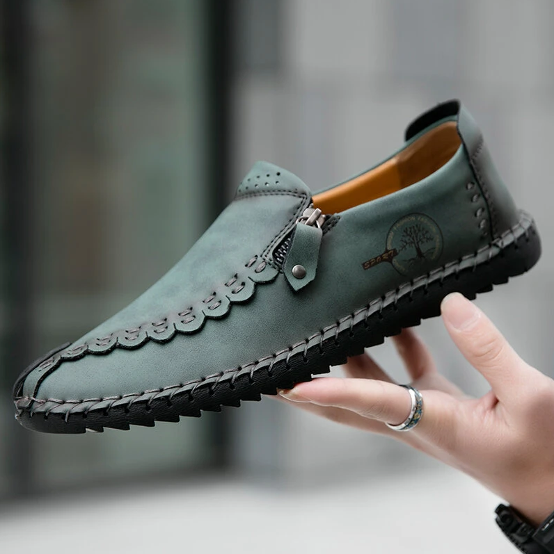 Men Hand Stitching Vintage Casual Comfy Soft Sole Zipper Slip On Leather Loafers-MENSZONES