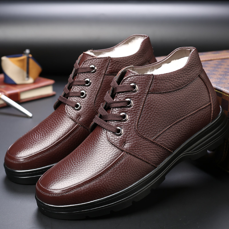 Men's Handmade Genuine Leather Comfort Shoes Wool Lined Classic Snow Boots-MENSZONES