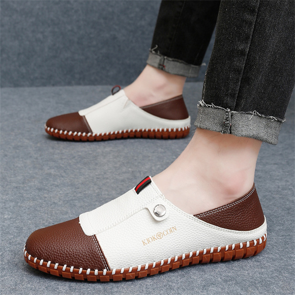 Men's Casual Leather Loafers – Slip-On Two-Tone Driving Shoes with Non-Slip Sole for Daily Wea