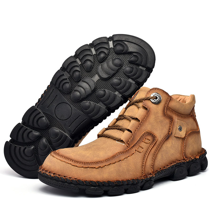 Men's hand-stitched fleece lined non-slip soft sole leather booties-MENSZONES