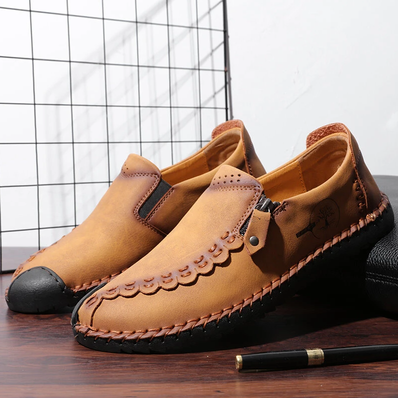 Men Hand Stitching Vintage Casual Comfy Soft Sole Zipper Slip On Leather Loafers-MENSZONES