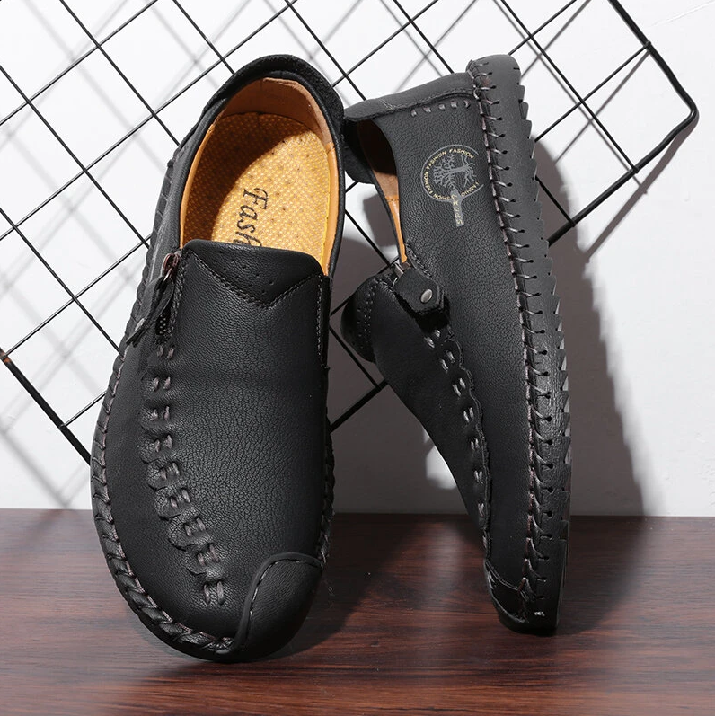 Men Hand Stitching Vintage Casual Comfy Soft Sole Zipper Slip On Leather Loafers-MENSZONES
