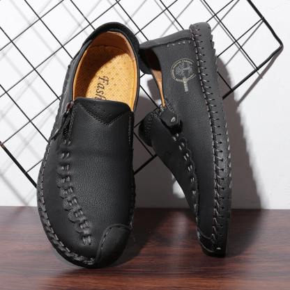 Men Hand Stitching Vintage Casual Comfy Soft Sole Zipper Slip On Leather Loafers-MENSZONES