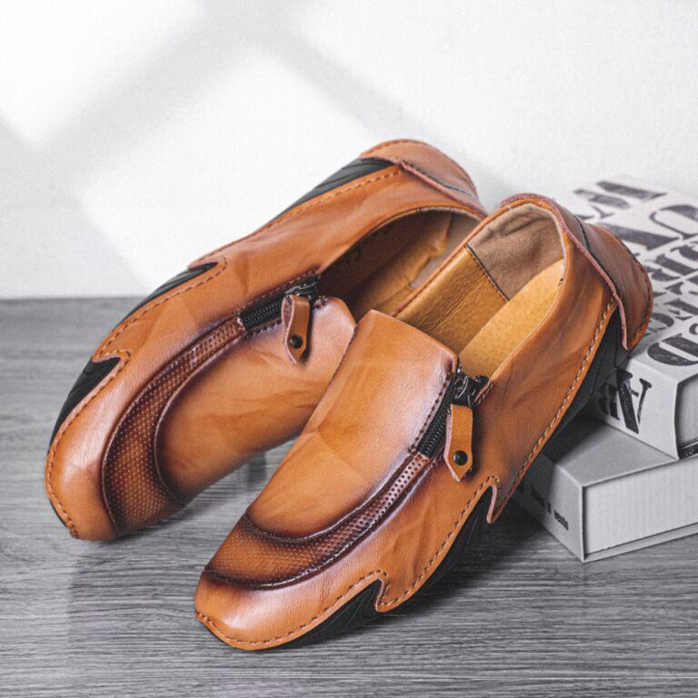 Mens Non Slip Comfy Soft Sole Casual Zipper Leather Loafers-MENSZONES