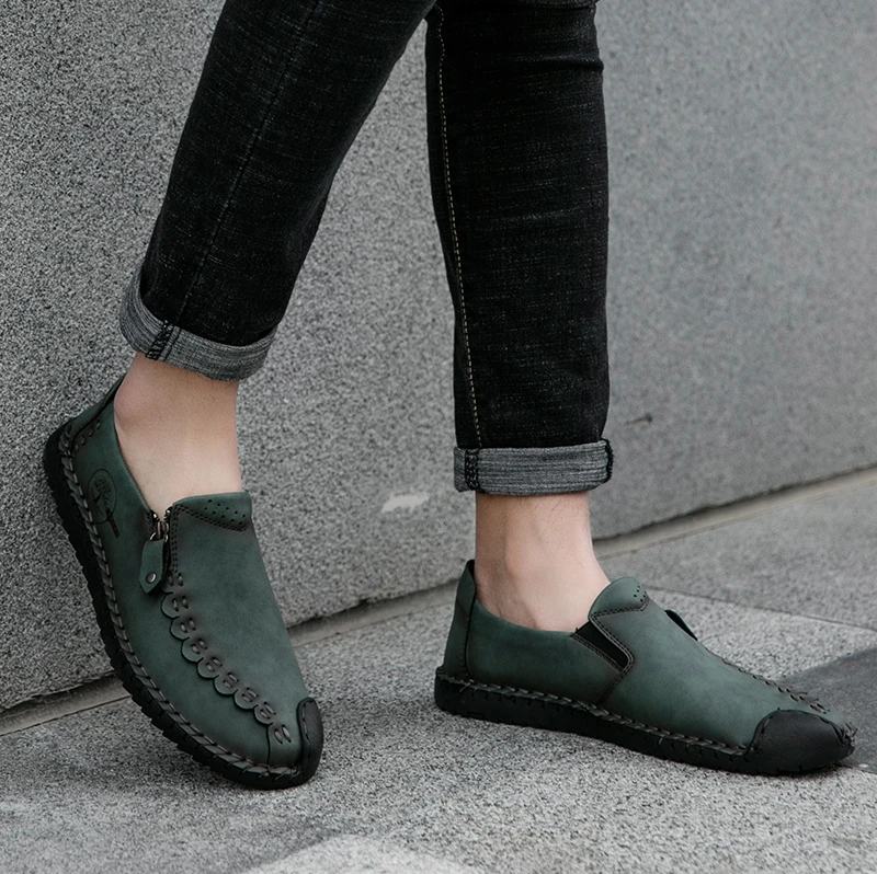 Men Hand Stitching Vintage Casual Comfy Soft Sole Zipper Slip On Leather Loafers-MENSZONES