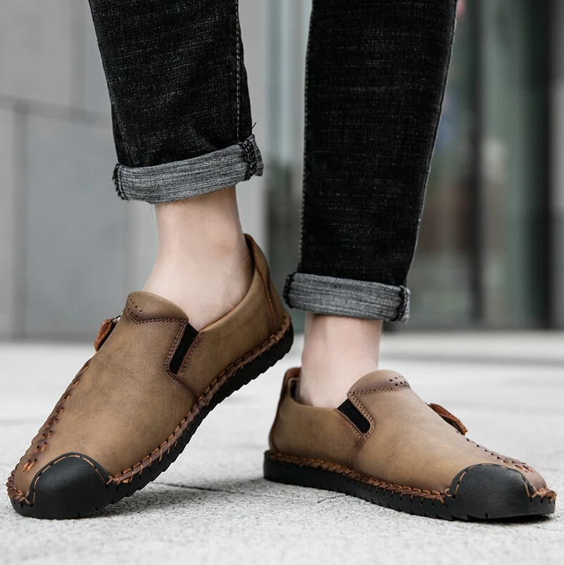 Men Hand Stitching Vintage Casual Comfy Soft Sole Zipper Slip On Leather Loafers-MENSZONES