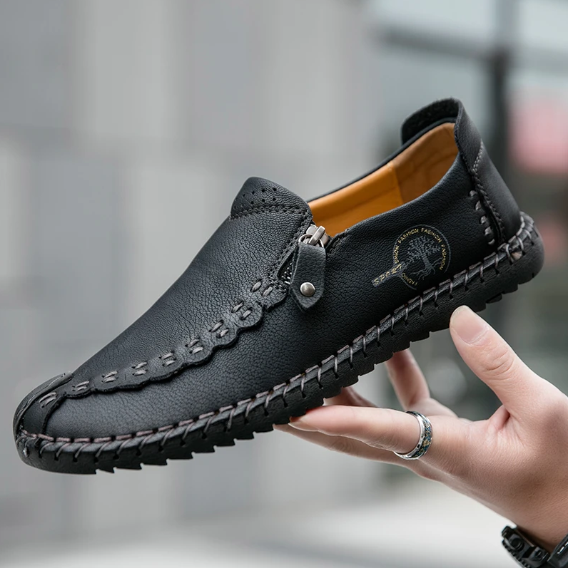 Men Hand Stitching Vintage Casual Comfy Soft Sole Zipper Slip On Leather Loafers-MENSZONES