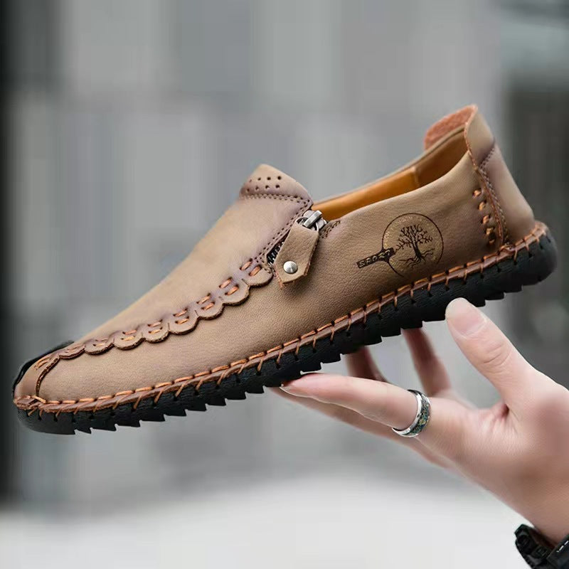 Men Hand Stitching Vintage Casual Comfy Soft Sole Zipper Slip On Leather Loafers-MENSZONES