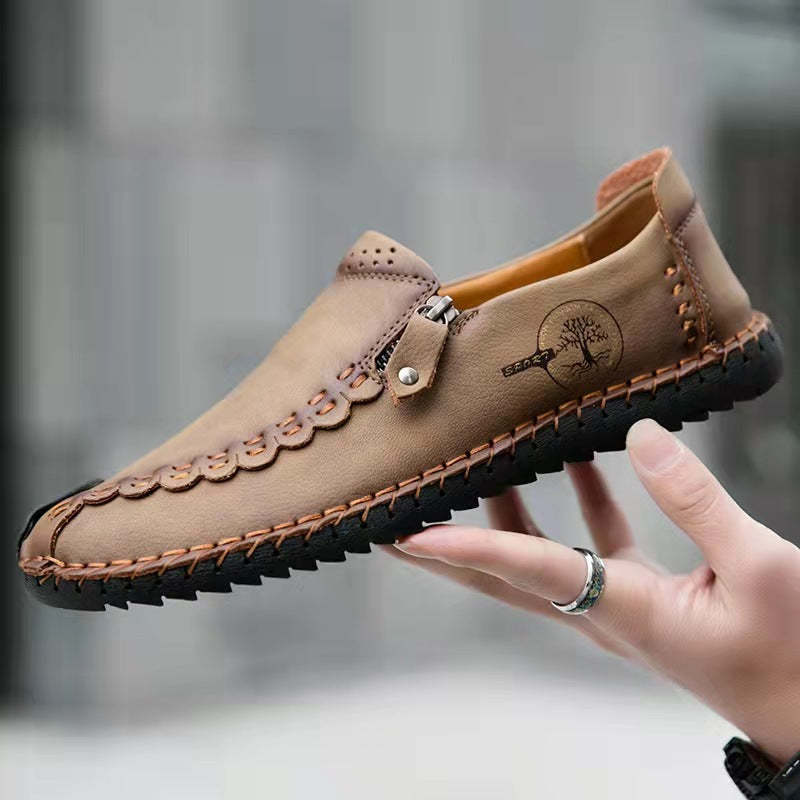 Men Hand Stitching Vintage Casual Comfy Soft Sole Zipper Slip On Leather Loafers-MENSZONES